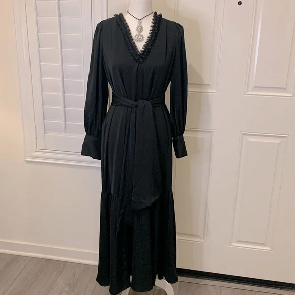 banana republic black tie dresses Banana Republic 6 P Cotton Poplin Wrap Maxi Dress Black Petite #772504 Rope  Tie